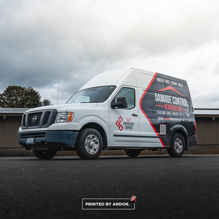 Front side view of a Nissan Van wrap printed and installed by Ardor Printing in Seattle.