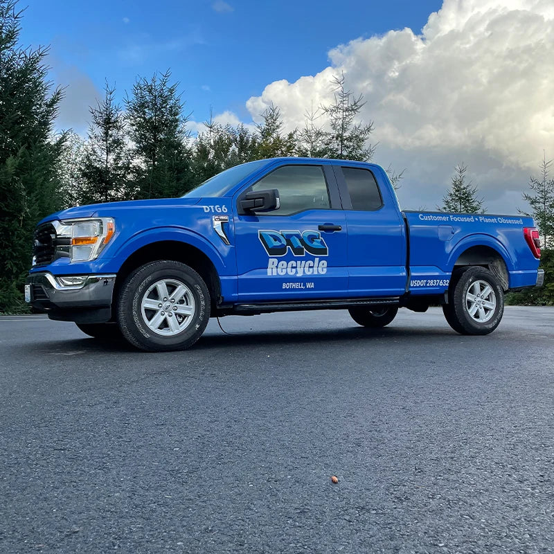 Truck door lettering and door decals we printed and installed at Ardor Printing for DTG Recycle in Bothell, WA.