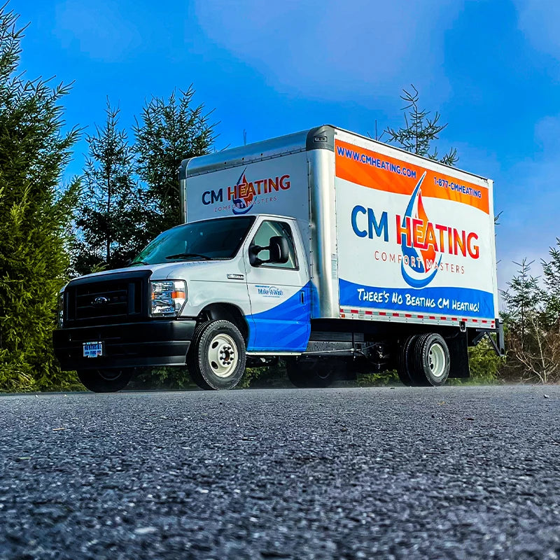 Business graphics we installed on this box truck with adhesive vinyl for CM Heating in Everett, WA.