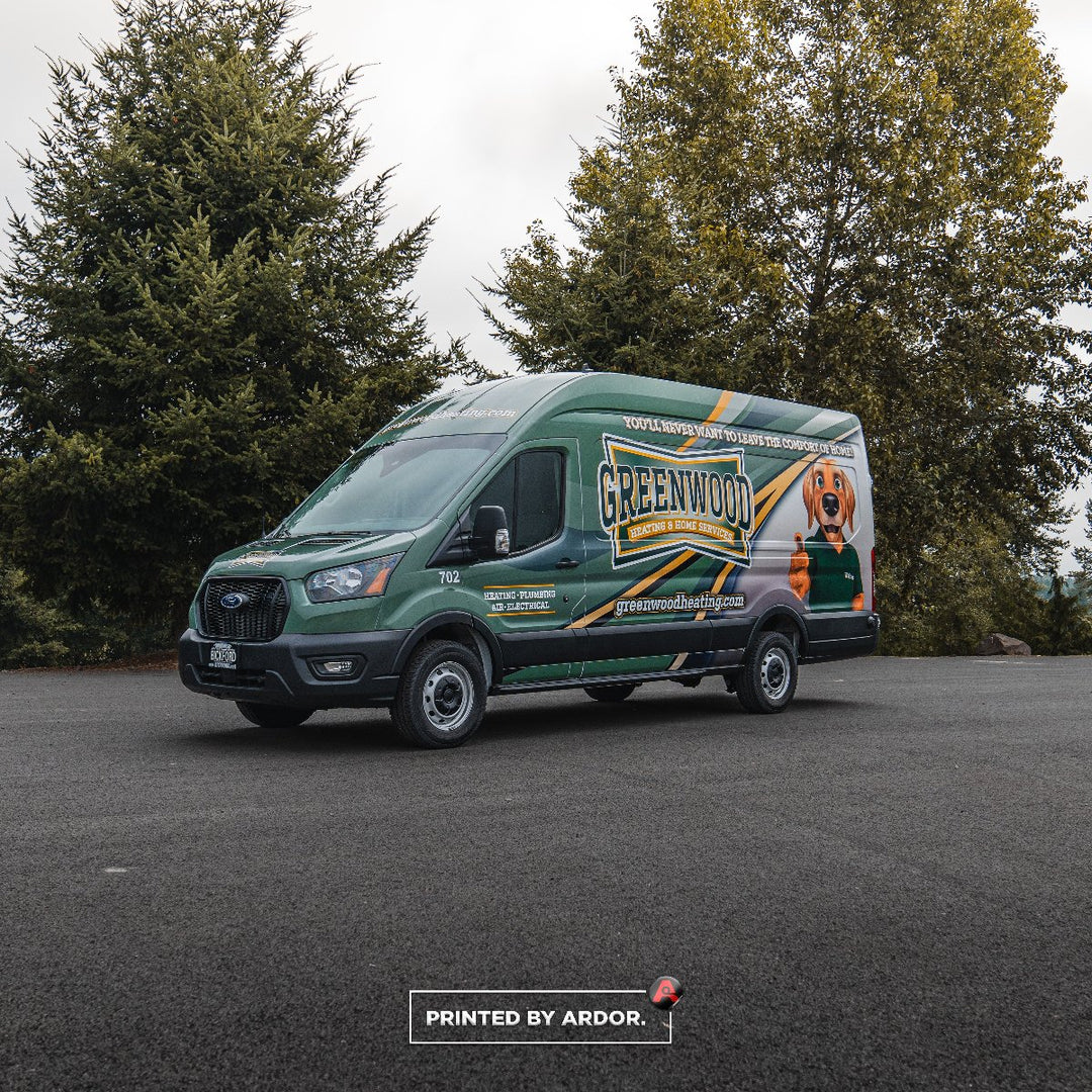 Front side view of a Greenwood Ford Transit Vinyl Car Wrap by Ardor Printing in Seattle, WA