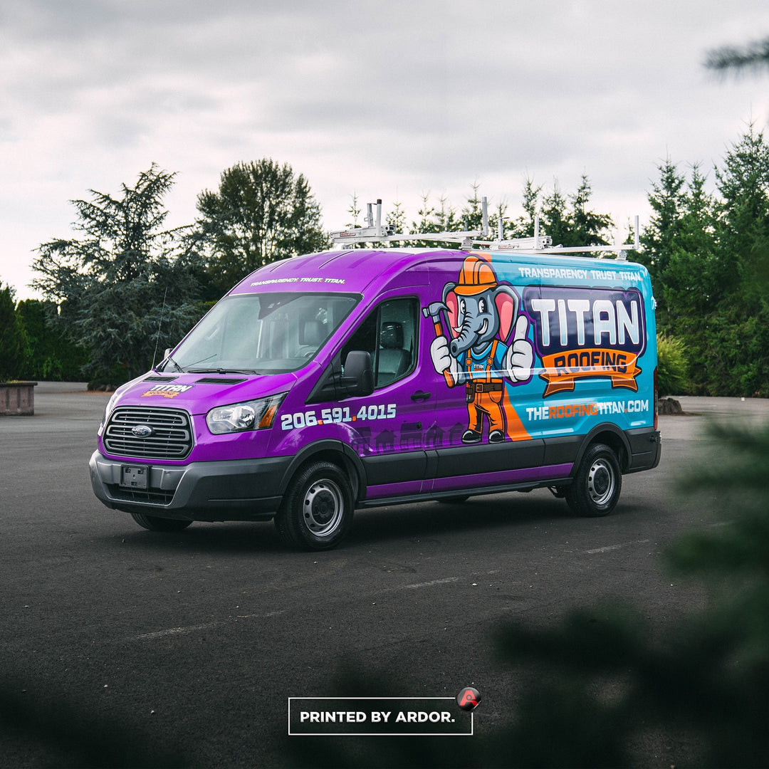 Front side view of a purple and light blue van wrap printed and installed by Ardor Printing in Seattle.