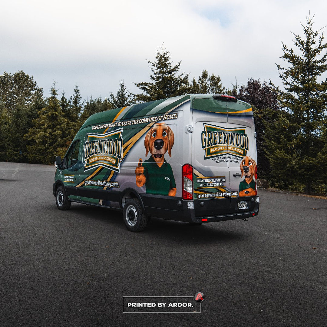 Full vinyl car wrap on a Ford Transit Van for Greenwood Heating by Ardor Printing in Seattle, WA