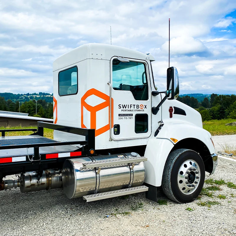 Door decals and vinyl graphics we printed at Ardor Printing for this SwiftBox Truck that is serving the greater Seattle area.