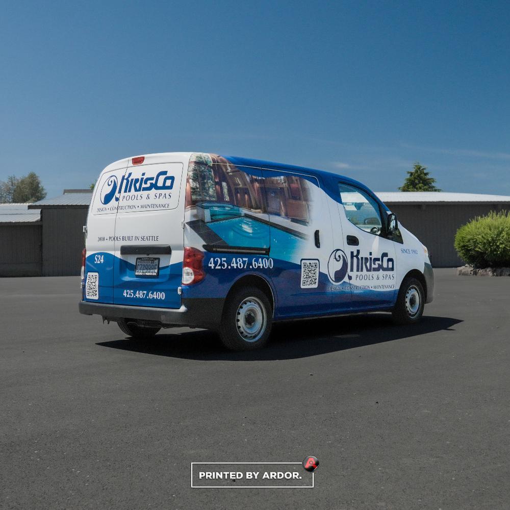 KrisCo Pools & Spas van wrap featuring a luxurious pool, company logo, and contact details. Since 1982, Seattle-based pool experts.