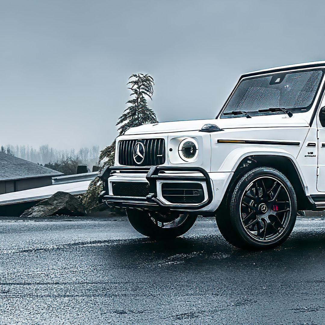 3M Satin White Car Wrap on a Mercedes G Wagon Showing the Front of the Vehicle