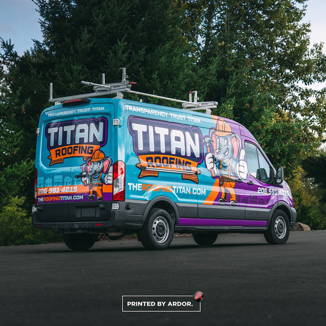 Rear side view of a purple and light blue van wrap for Titan Roofing by Ardor Printing in Seattle.