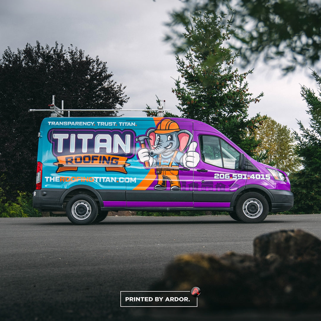 Side view of a Purple and Light Blue van wrap for Titan Roofing by Ardor Printing in Seattle.