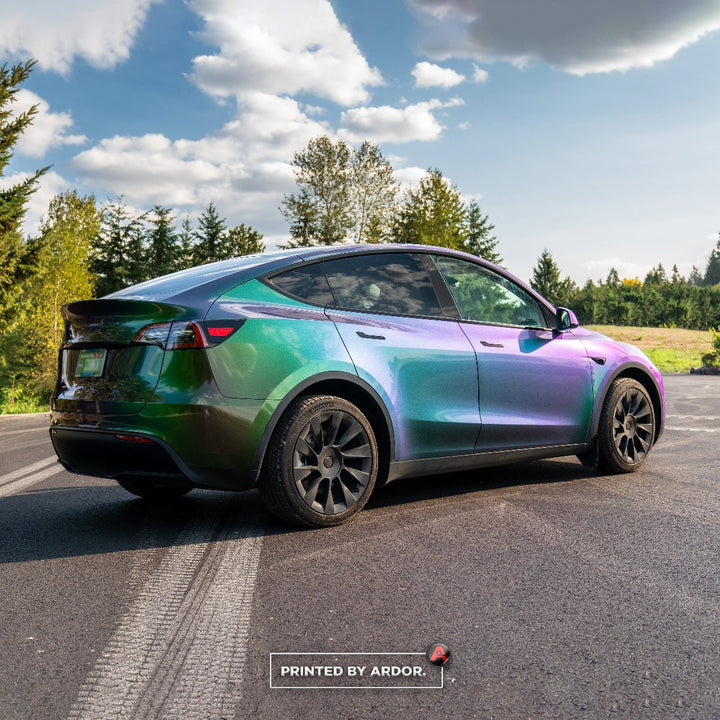 Tesla Model Y wrapped in 3M color shift film by Ardor Printing in Woodinville, WA
