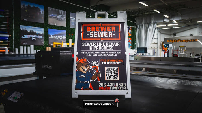 Custom printed A-frame sidewalk signs for Brewer Sewer