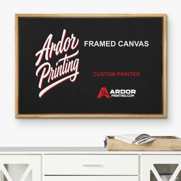 Framed canvas print in a floating frame hanging above a dresser