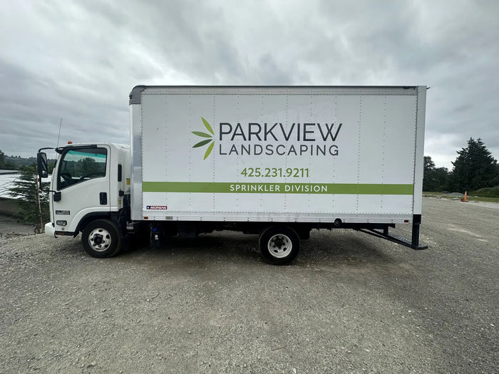 Box truck lettering and spot graphics for Parkview Landscaping