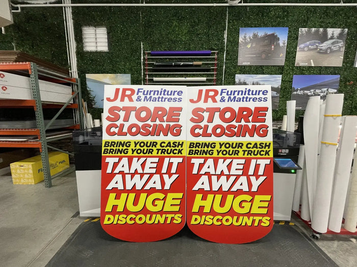 Coroplast store closing signs for JR Furniture and Mattress