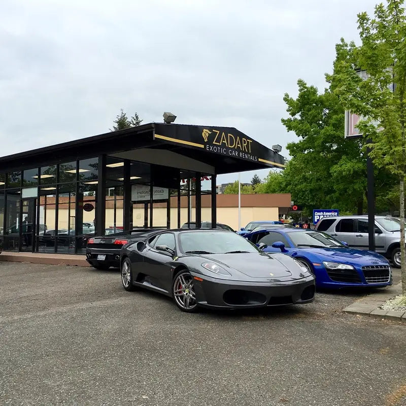 Large over-head storefront sign we made for Zadart Exotic Car Rentals in Bellevue, WA