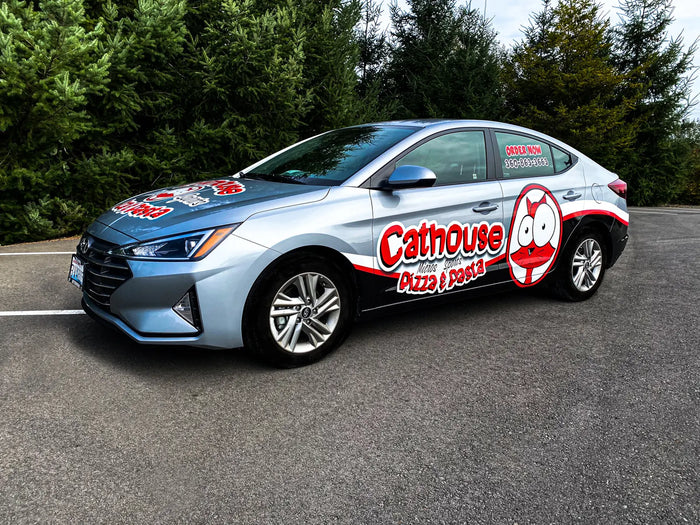 Hyundai delivery car partial wrap for Cathouse Pizza