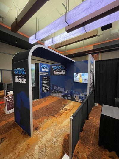DTG Recycle custom trade show booth with printed fabric walls and arch by Ardor Printing, view 2