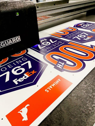 FedEx Boeing 767 celebration signs on a UV flatbed printer by Ardor Printing