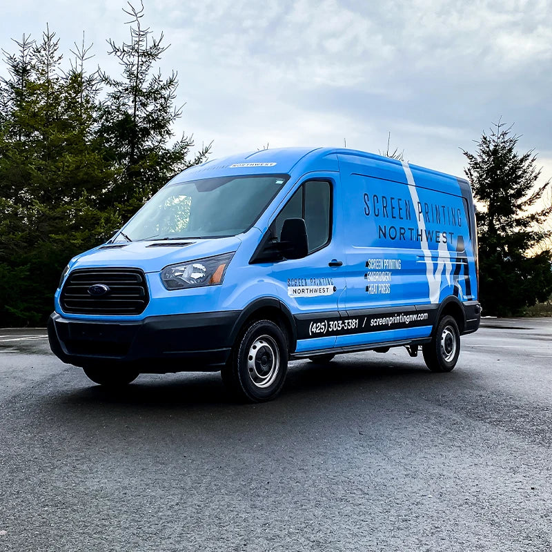 Ford Transit full wrap we printed and installed for Screen Printing Northwest in Everett, WA. Ardor Printing is one of the best shops to get you business fleet graphics completed at.