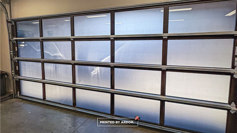 Frosted privacy window film installed on a glass garage door, view 2 by Ardor Printing