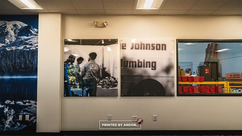 Gene Johnson Plumbing office wall wrap with acrylic standoff panels by Ardor Printing