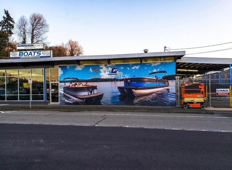 Gonnason Boats outdoor building wall wrap with pontoon boat photography by Ardor Printing, view 2