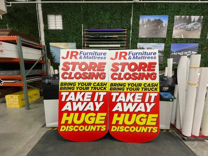 JR Furniture store closing sale signs by Ardor Printing