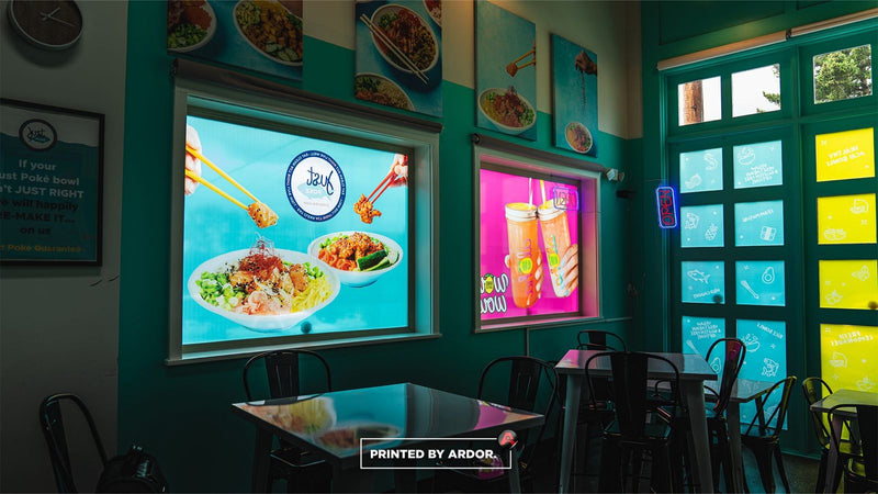 Just Poke restaurant backlit window graphics, view 2 by Ardor Printing