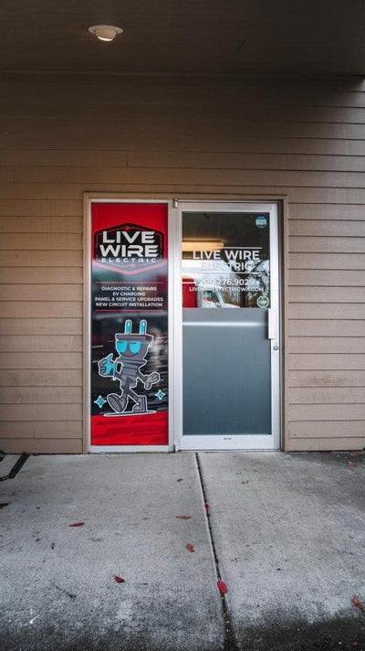 Live Wire Electric storefront door graphics with frosted privacy band, view 2 by Ardor Printing