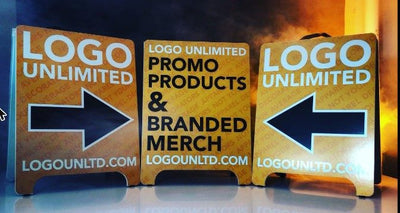 Logo Unlimited directional A-frame signs by Ardor Printing
