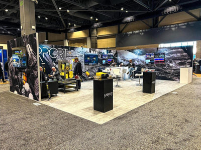 Marport island trade show booth with printed wall graphics and hanging sign by Ardor Printing, view 18