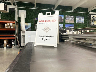 Milgard showroom open A-frame sign by Ardor Printing