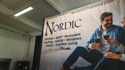 Nordic Home Solutions custom fabric backdrop banner on a stand by Ardor Printing, view 2