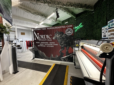 Nordic Roofing step and repeat banner on an adjustable backdrop stand by Ardor Printing, view 2