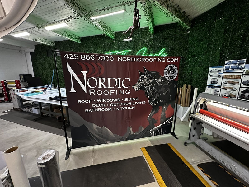 Nordic Roofing step and repeat banner on an adjustable backdrop stand by Ardor Printing, view 3