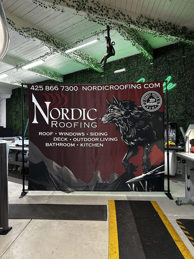 Nordic Roofing step and repeat banner on an adjustable backdrop stand by Ardor Printing, view 5
