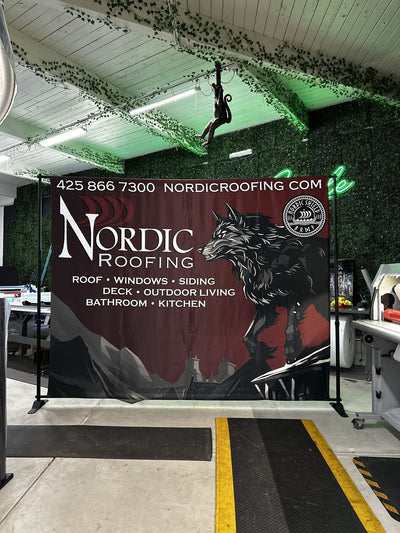 Nordic Roofing step and repeat banner on an adjustable backdrop stand by Ardor Printing, view 6