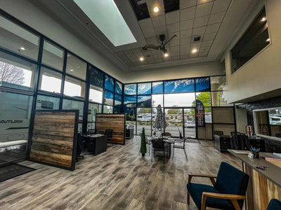 Floor-to-ceiling mountain scene window graphics in an RV dealership showroom, view 2 by Ardor Printing
