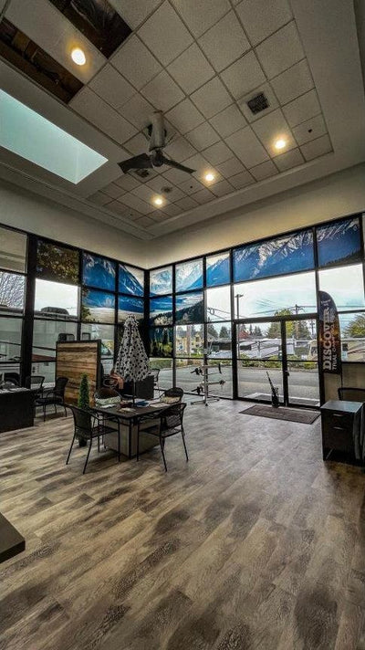 Floor-to-ceiling mountain scene window graphics in an RV dealership showroom, view 6 by Ardor Printing