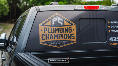 Plumbing Champions one-way vision perforated film on a truck rear window, view 3 by Ardor Printing