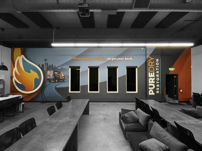 PureDry Restoration office wall wrap with core values and branding by Ardor Printing, view 12