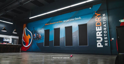 PureDry Restoration office wall wrap with core values and branding by Ardor Printing, view 4