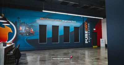 PureDry Restoration office wall wrap with core values and branding by Ardor Printing, view 5