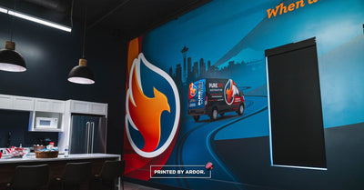 PureDry Restoration office wall wrap with core values and branding by Ardor Printing, view 6