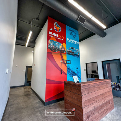 PureDry Restoration office wall wrap with core values and branding by Ardor Printing, view 8