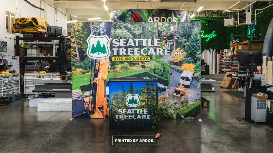 Seattle Tree Care tension fabric backdrop and counter trade show display by Ardor Printing