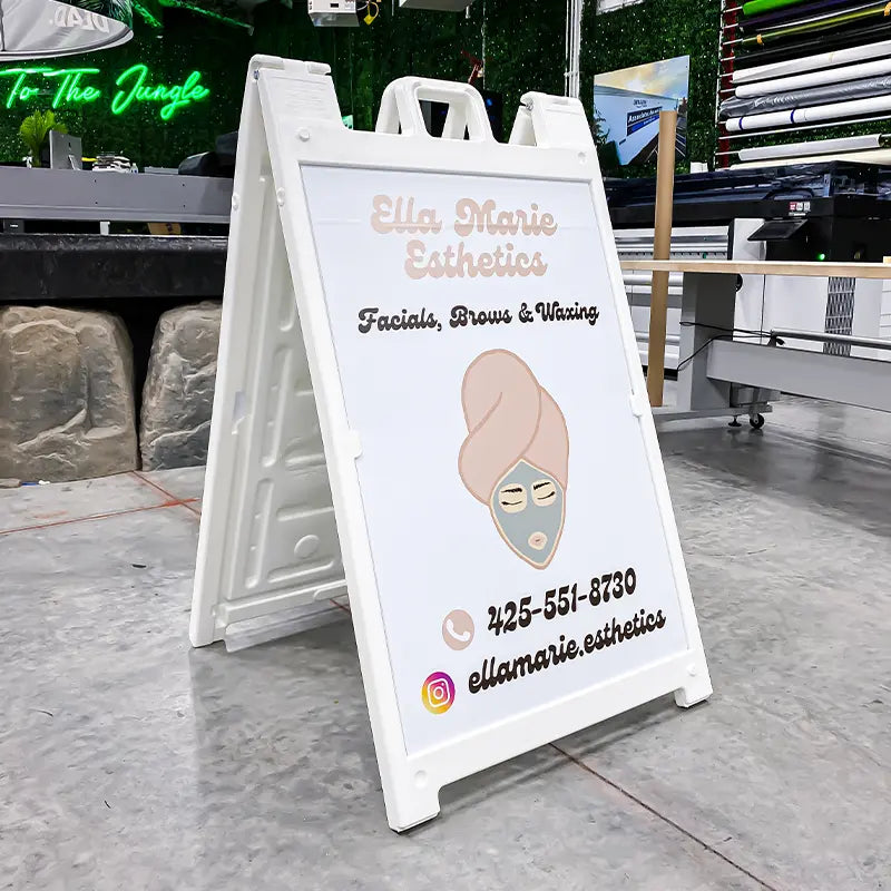 Signicade Plastic sandwich board sign we printed and assembled for Ella Marie Esthetics in Seattle, WA