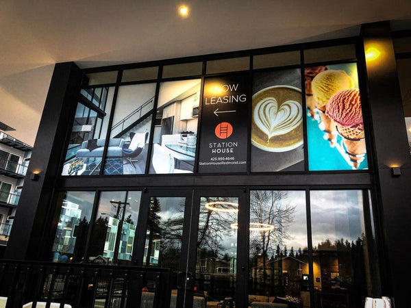 Station House Redmond now leasing window graphics on an apartment building, view 2 by Ardor Printing