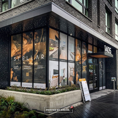 Stella building window graphics in Seattle by Ardor Printing