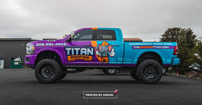 Purple and teal pickup truck wrap for Titan Roofing