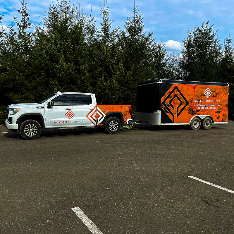 Integrity outdoors vinyl truck and trailer vinyl wrap done by Ardor Printing in Seattle area.