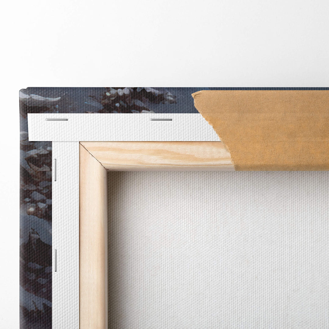 Close-up of the top left corner of the canvas, showing the Lancia Delta Integrale print expertly mounted on 1.5” stretcher bars.